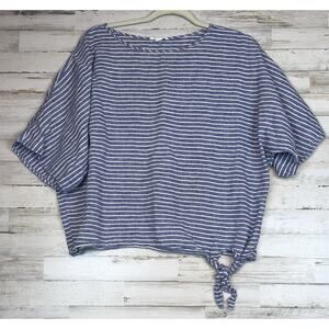 Beach Lunch Lounge Womens M Blue White Stripe Linen Blend Tie Hem Top Boxy Fit